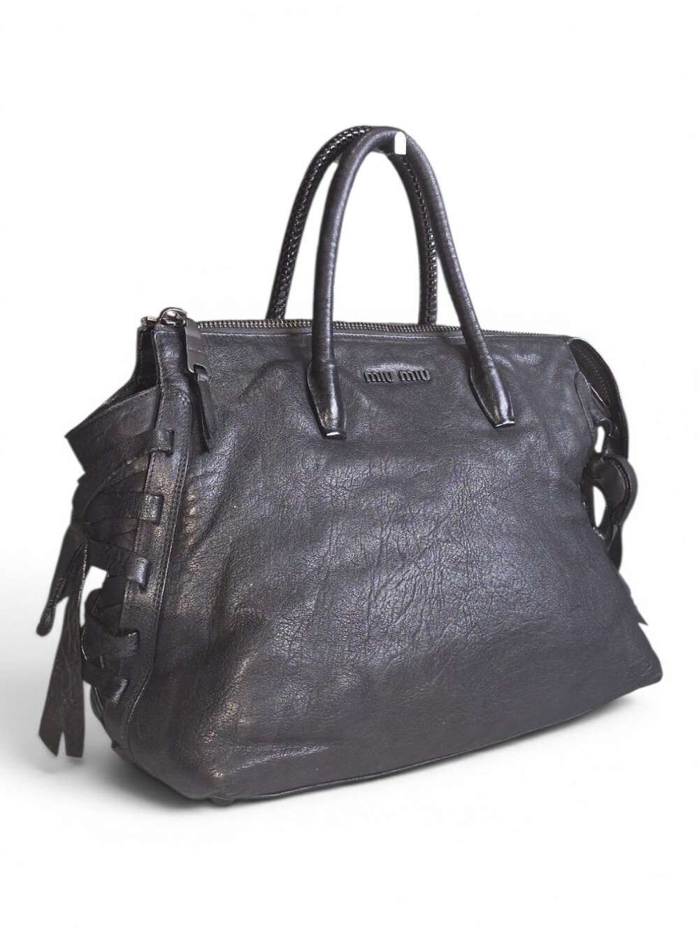 Miu Miu Black Leather Top-Handle Tote with Side Lace Detail